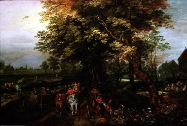 Paisaje boscoso con campesinos