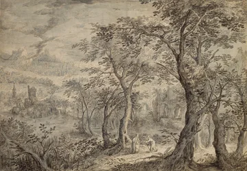 Paisaje boscoso con la tentación de Cristo