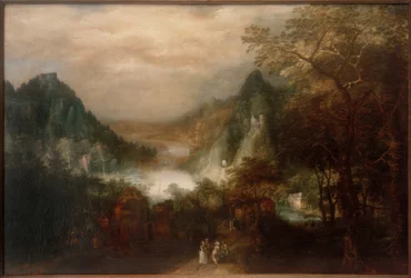 Paisaje fluvial de montaña con figuras elegantes