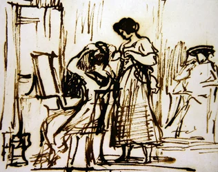 Un interior con una mujer peinándose