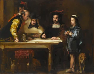 Cristóbal Colón en el convento de La Rábida explicando su viaje previsto, 1834