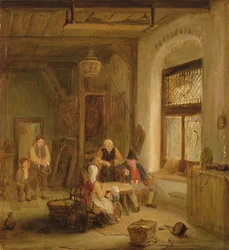 Interior con figuras junto a una ventana