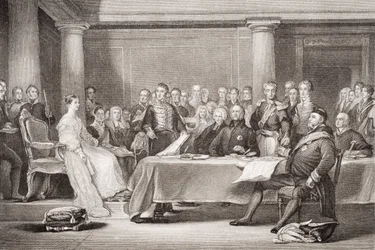 Primer Consejo de la Reina Victoria, Palacio de Kensington, 21 de junio de 1837, de `Ilustraciones de la Historia Inglesa y Escocesa
