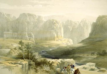 Petra mirando al sur, 9 de marzo de 1839, lámina 106 del Volumen III de The Holy Land, grabado por Louis Haghe, pub. 1849