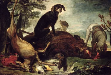 Perros con jabalí y ciervo muertos