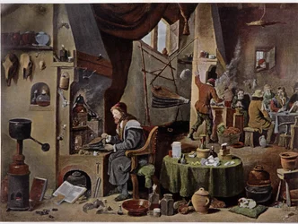 Laboratorio de un alquimista en el siglo XVII - según la pintura de David Téniers el Joven