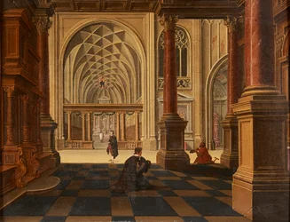 Figuras conversando en un camino, ruinas del castillo más allá (óleo sobre panel)