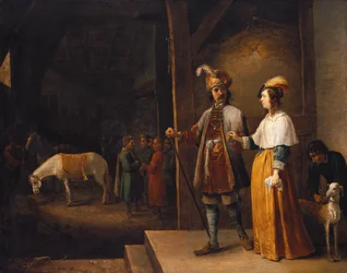 Una dama y un caballero entrando en un establo