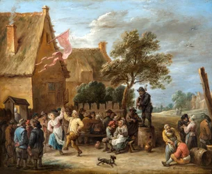 Un pueblo alegre en una posada rural