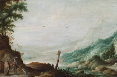 Paisaje fluvial montañoso con adivina (óleo sobre tabla)