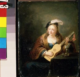 Mujer con guitarra. Pintura de David Teniers el joven (1610-1690). Óleo sobre madera