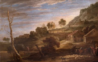 Paisaje con campesinos conduciendo ganado, c.1670-90 (óleo sobre lienzo)