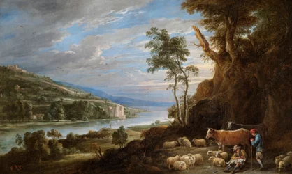 Paisaje con pastores y vista lejana de un castillo (óleo sobre lienzo)