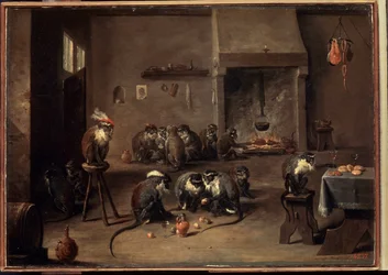 Monos en la cocina. Pintura de David Teniers el joven (1610-1690). Óleo sobre lienzo, 36 x 50,5 cm, hacia 1640. Arte flamenco, arte barroco. Museo del Hermitage, San Petersburgo.