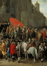 El juego de papegai en Bruselas en 1652 Juego que consiste en disparar a un objetivo hecho de un pájaro de madera o cartón colocado en la parte superior de un poste (detalle)