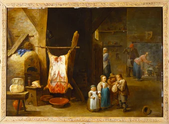 El interior de una cabaña campesina con una carcasa de cerdo y un niño inflando una vejiga, 1646
