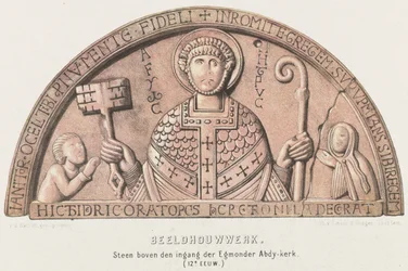 Tympaan van Egmond: tambor de arco con Petrus, el conde Dirk VI de Holanda y su madre, la condesa Petronella, hacia 1120 Escultura. Piedra sobre la entrada de la iglesia de Egmonder Abdy (siglo XII) (título sobre el objeto)