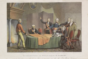 Aceptación del Alto Reinado por el Triunvirato en nombre del Príncipe de Orange, 21 de noviembre de 1813 Restaurar un gobierno holandés en los Países Bajos. (20 de noviembre de 1813) (título sobre objeto)