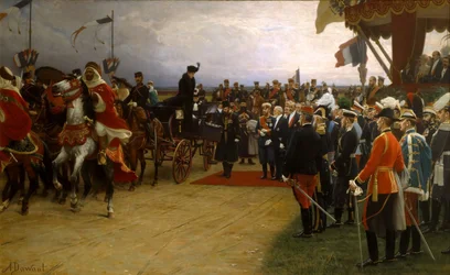 El presidente Émile Loubet da la bienvenida al zar Nicolás II y a la zarina Alexandra en las maniobras en Betheny