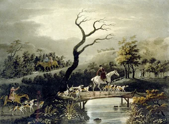 Noche, caza del zorro (grabado por J.H. Clarke y F. Jeakes)
