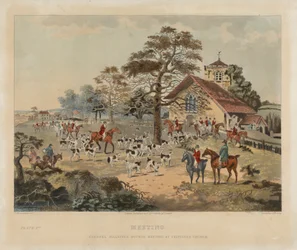 [Caza del zorro] lote de cuatro: (1) Reunión / Reunión de sabuesos del coronel Jollyffe de la iglesia de Chipstead