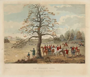 [Caza del zorro] lote de cuatro: (2) Fox Breaking Cover / At Upper Gatton Seat of the Duke of St. Alban