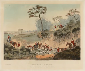 [Caza del zorro] serie de cuatro: (4) Zorro corrido a tierra / Vista de Popes Pit, cerca de Walton Heath
