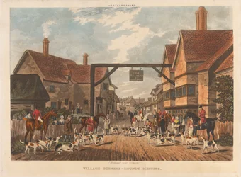Juego de cuatro [caza del zorro]: Hertfordshire. 1. (Whitewell cerca de Welwyn) / Paisaje de pueblo - Reunión de sabuesos
