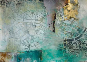 Mapa de la ciudad en verde azulado y dorado