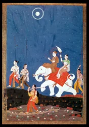 Un príncipe indio en un elefante blanco, ilustración del modo musical Deepak Raga, principios del siglo XIX