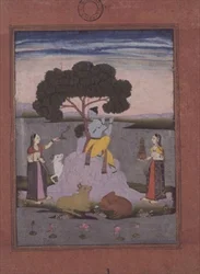 gato BL. no.428, de un álbum de Johnson no. 20 elemento 3, Krishna jugando con dos gopis, Hyderabad, c.1770 (gouache con borde dorado, teñido de rosa)