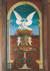 Fuente pintada por Defendente Ferrari (1480 o 1485-1540), en la sección trasera del coro del siglo XVI, Iglesia de San Jerónimo, Biella, Italia