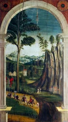 Perspectiva pintada por Defendente Ferrari (1480 o 1485-1540), en la sección trasera del coro del siglo XVI, Iglesia de San Jerónimo, Biella, Italia
