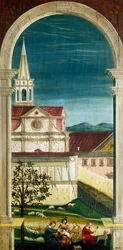 Perspectiva pintada por Defendente Ferrari, en la sección trasera del coro del siglo XVI, Iglesia de San Jerónimo, Biella, Italia