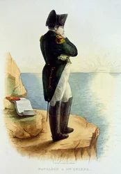 Napoleón en la isla de Santa Elena, ilustración de Le Plutarque Francais por E. Mennechet, grabado por Delaistre, 1835