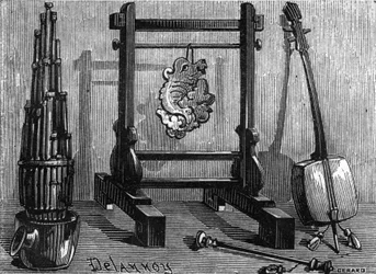 Instrumentos musicales chinos: órgano, piedra sonora y violín