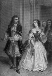 Obra El Misántropo de Moliere: Alceste, Celimene, Eliante, Philinte grabado por Delannoy sobre un dibujo de G. Staal (1870)