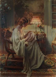 Una dama cosiendo en un interior