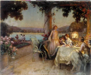 Al atardecer en la terraza. Pintura de Delphin Enjolras (1857-1945), Mención obligatoria: Colección fundación regards de Provence. Marsella (cm 57x73) DR
