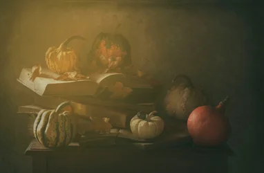 Libros de otoño y calabazas