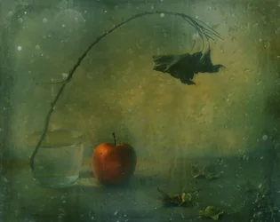 Naturaleza muerta con manzana roja melancólica