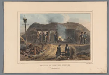 Afschieten van een mortero, 1832 Batería de morteros blindados, establecida en la Corte que une el Baluarte de Toledo con el Baluarte de Pacioto (título sobre objeto) Dibujos hechos de la naturaleza en el asedio de la Ciudadela de Amberes por Raffet (títul