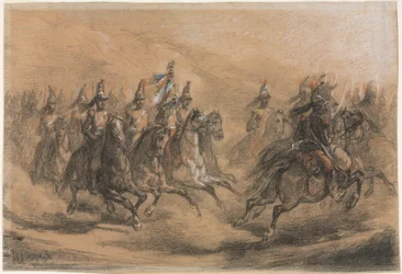 Carga de caballería, c. 1840 (tiza negra, roja, amarilla, azul y blanca)