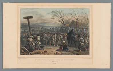 Leger rukt op francés, 1832 El ejército francés cruza la frontera (título sobre objeto) Dibujos hechos de la naturaleza en el asedio de la Ciudadela de Amberes por Raffet (título de la serie sobre el objeto)