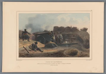Gestchut en acción, 1832 Pieza en batería, asentada sobre la Patio que une el Baluarte de Toledo con el Baluarte de Fernando (título sobre objeto) Dibujos hechos de la naturaleza en el asedio de la Ciudadela de Amberes por Raffet (título de la serie sobre 