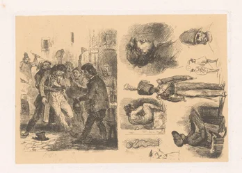 Grupo de hombres, al lado una composición que incluye un soldado
Croquis; Scènes de la Révolution