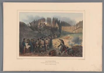 Apertura de una puerta de trekt de soldado de grupo en empalizada, 1832 Caponier, empalizada frente a la media luna (título sobre objeto) Dibujos hechos de la naturaleza en el asedio de la Ciudadela de Amberes por Raffet (título de la serie sobre el objeto