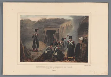 Militar bij een mijngang, 1832 Comunicación de descenso de zanja (título sobre objeto) Dibujos hechos de la naturaleza en el asedio de la Ciudadela de Amberes por Raffet (título de la serie sobre el objeto)