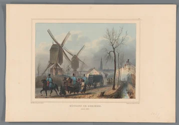 Molens van Berchem, 1832 Molinos de viento de Berchem (título sobre el objeto) Dibujos hechos de la naturaleza en el asedio de la Ciudadela de Amberes por Raffet (título de la serie sobre el objeto)