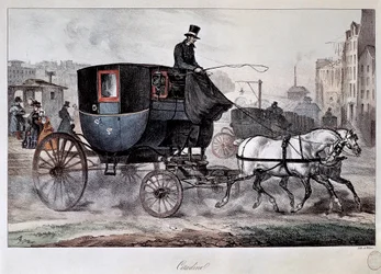 Transporte público en el siglo XIX: un coche en las calles de París (grabado en color)